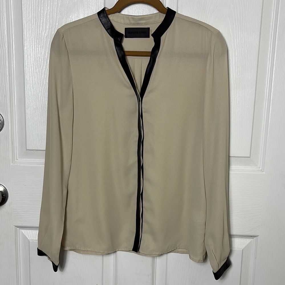 Blaque Label Cream Black leather trim button down Lightweight blouse size M